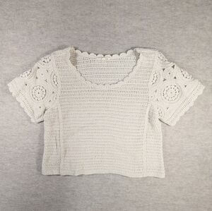 Solitaire Cream Off White Crochet Scalloped Cropped Short Sleeve Sweater Top Med